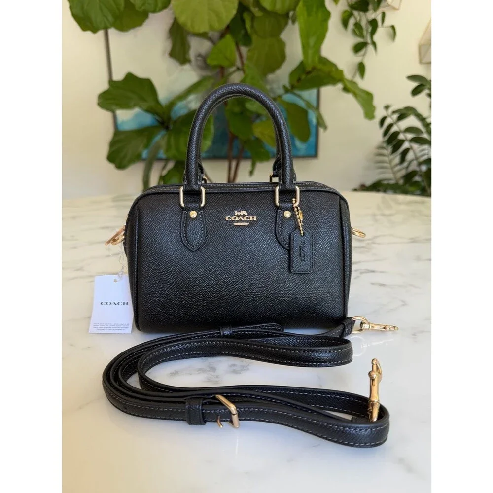NWT Coach Mini Rowan Crossbody CH157 Black Crossgrain Leather / Gold Satchel